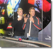 Image of Chaz with Neil Hodgson at the launch of the new MotoGP Scalextric